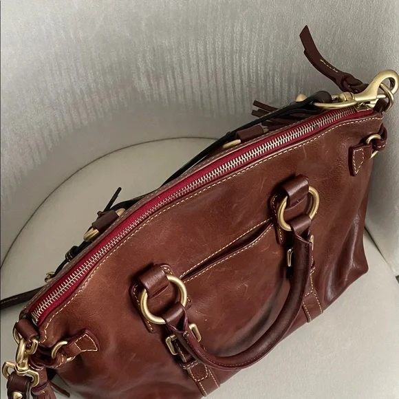 Dooney & Bourke Dark Brown Leather Florentine Satchel with Tassel Accent - Picture 7 of 9